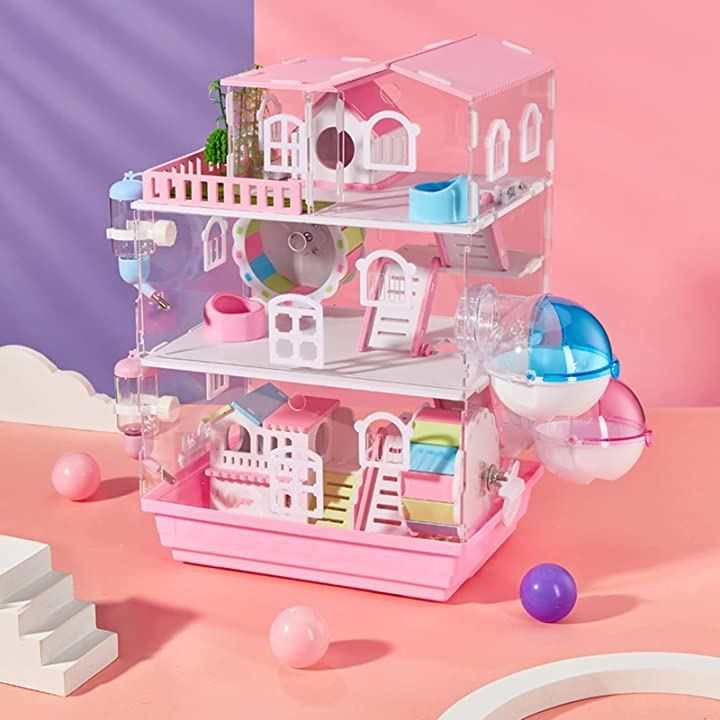 xinxin-home ハムスターケージ 飼育ケージ 小動物用 アクリル製 ペット用品 ハムスターハウス 3層ピンク 贅沢セット