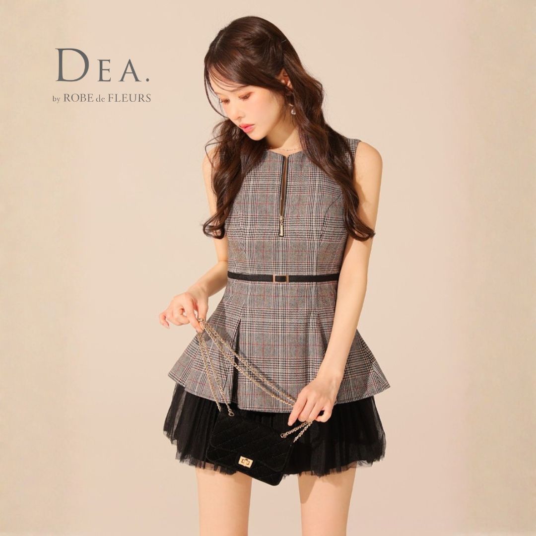 DE3477 チェックノースリーブベルトデザインチュールミニキャバドレス