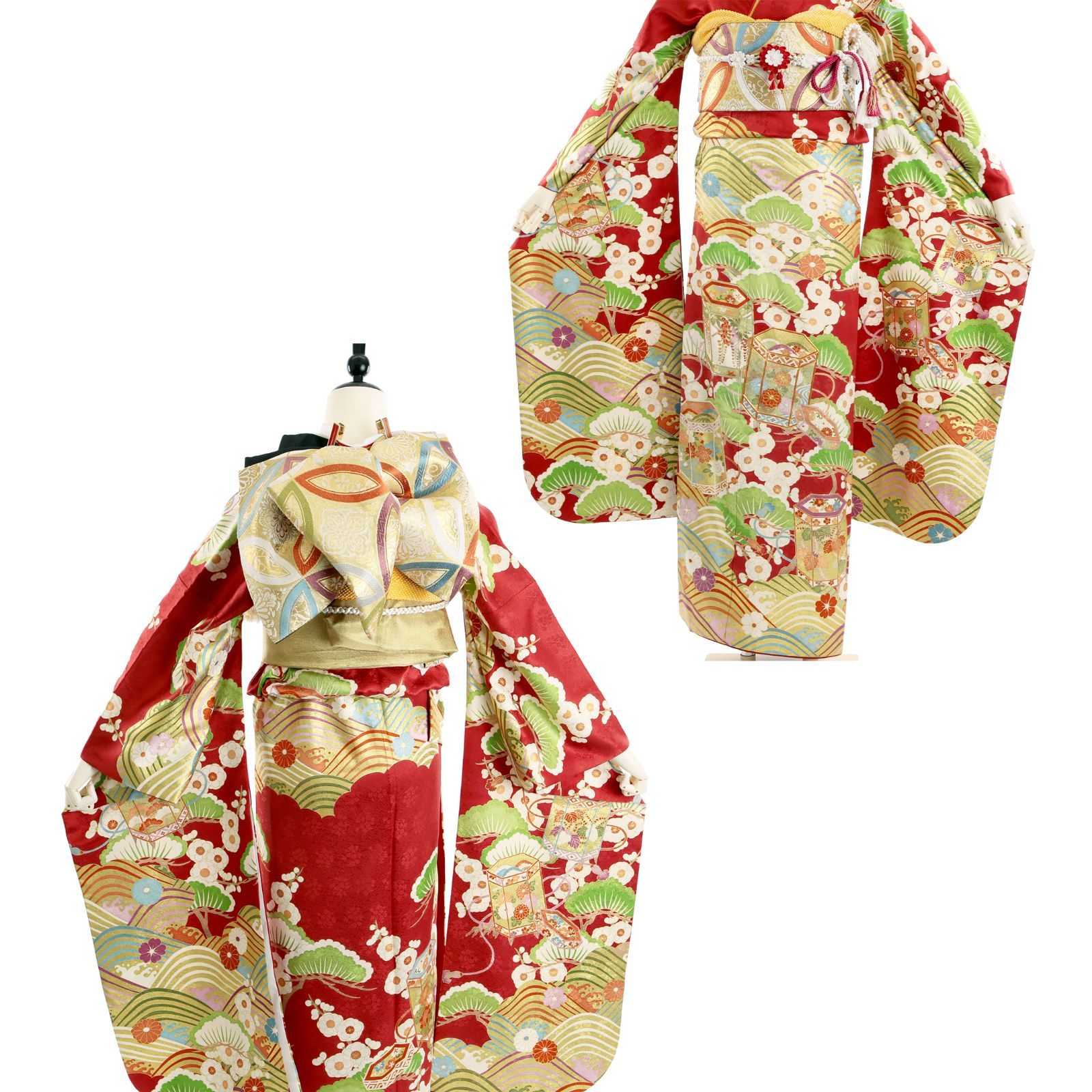 振袖 振袖セット USED振袖 赤 古典 波 貝桶 7点フルセット レディース  