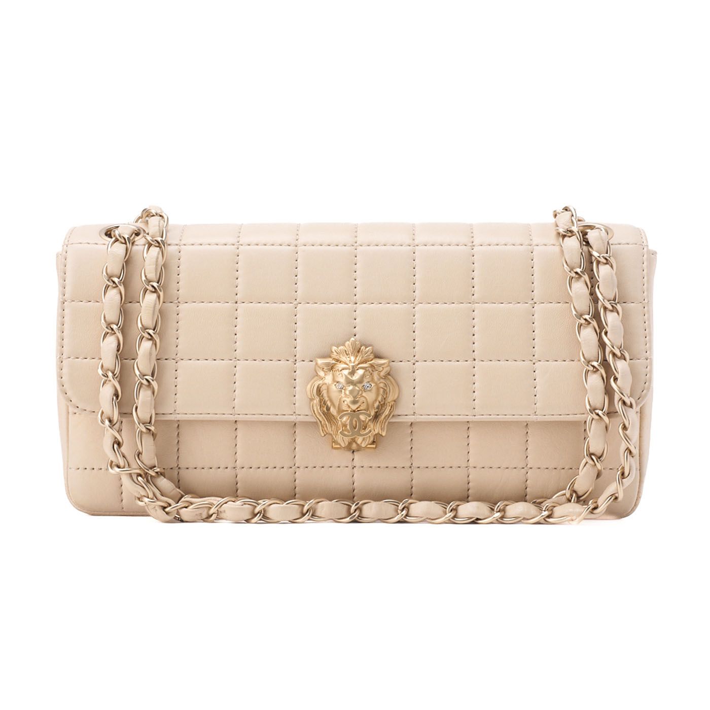 CHANEL シャネル チョコバー プッシュロック ライオンココ チェーンショルダー ラムスキン ベージュ ゴールド金具 レディース バッグ ショルダーバッグ レディース