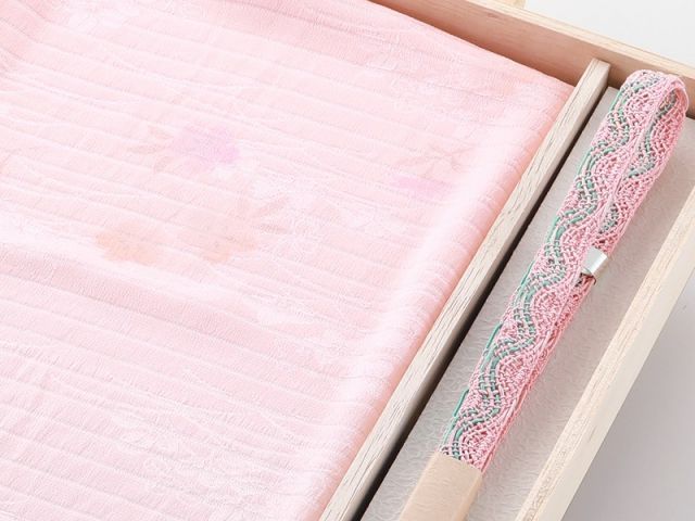 夏用 正絹 絽 柄入り 帯揚げ 帯締め 2点セット 桐箱入り ピンク