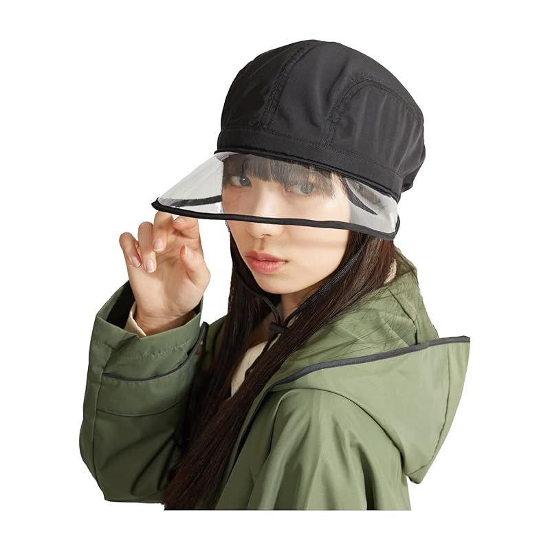 [ムーンバット] CYCLE HAT(サイクルハット) 風で飛ばないバイザークリップ付き レインハット レディース 透明 69552 (前つば透明 撥水 抗菌防臭すべり サイズ調整) ブラック 1