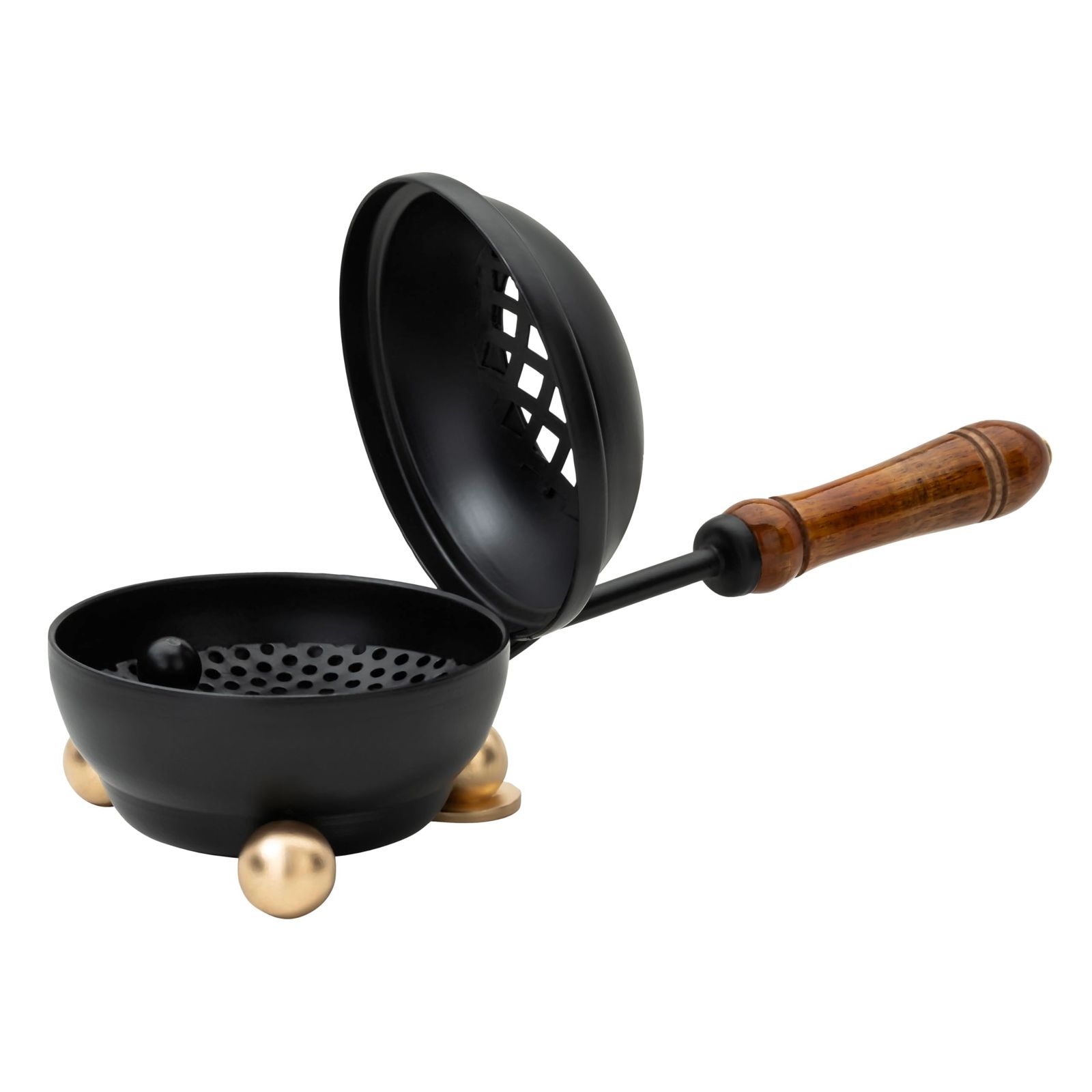 MaMeMi ブラック鉄製香炉 木製ハンドルと蓋付き 小型u0026コンパクト [直径3.18インチ 長さ3.18インチ ハンドル約8.68インチ ] 取り外し可能なスクリーン付き 