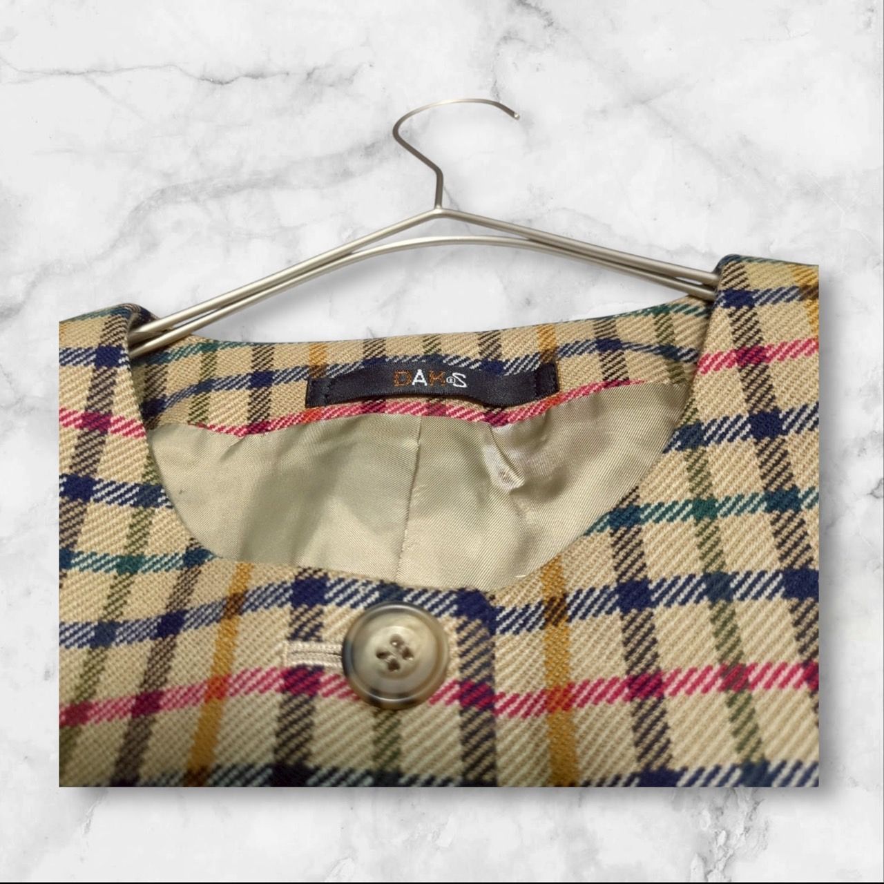【国産】 美品❤【ダックス】DAKS（9AR）ノーカラージャケット チェック柄 ジャケット・アウター