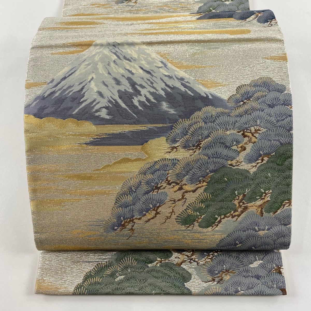 袋帯 秀品 日本百景 富士山 松 金糸 箔 銀色 六通 正絹 【中古