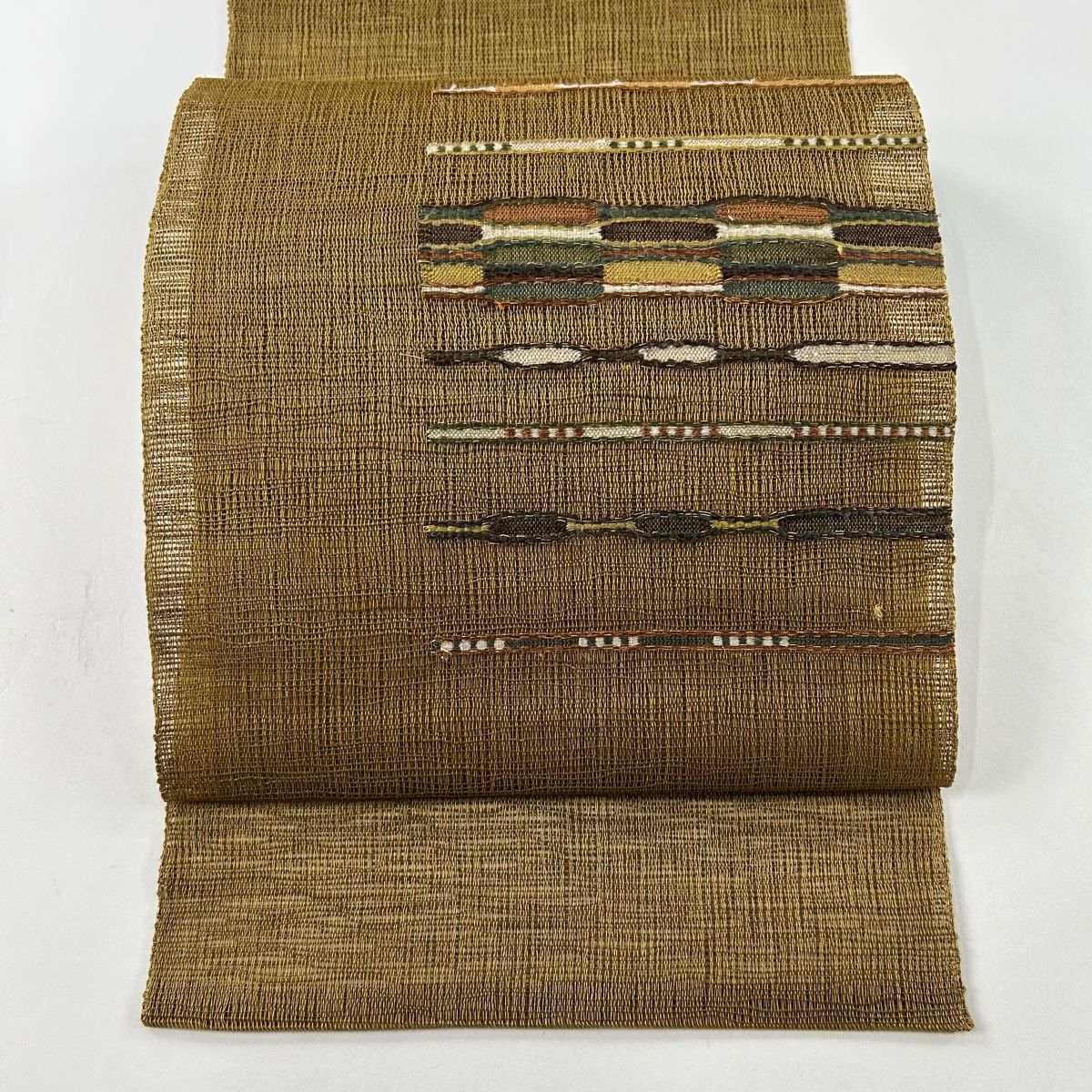 名古屋帯 名品 夏帯 松葉仕立て 縞 幾何学 箔 茶色 正絹