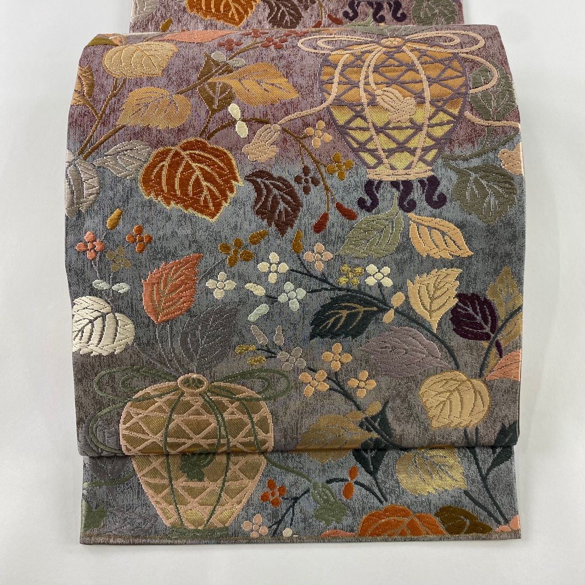 袋帯 秀品 関西仕立て 茶壺 草花 金糸 箔 灰紫 六通 正絹