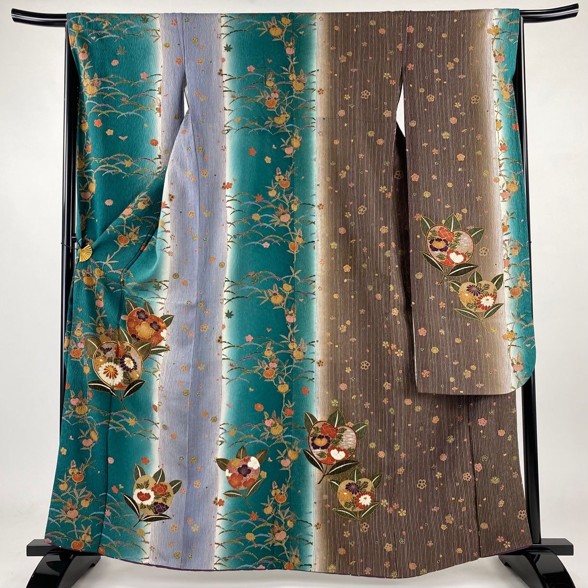 振袖 身丈163cm 裄丈65cm M 袷 橘花 菊 金銀彩 金糸 緑 正絹 名品