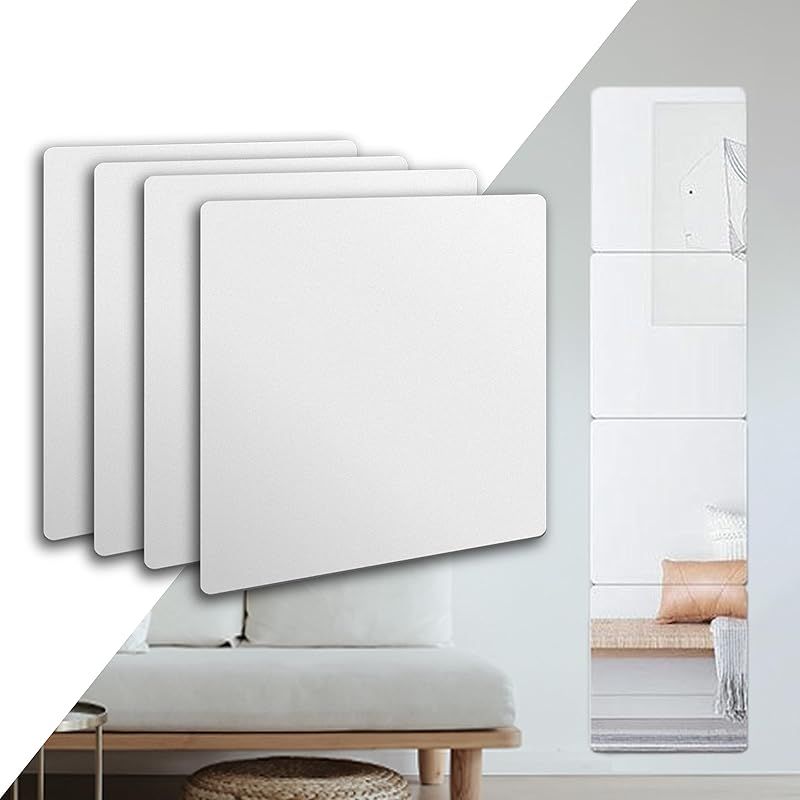 BOOMIE【どこでも貼れる割れない鏡】ドアの裏やクローゼットにも 鏡 全身鏡 姿見鏡 壁掛け ミラー 壁掛け 浴室 (角丸30×30cm 4枚セット)