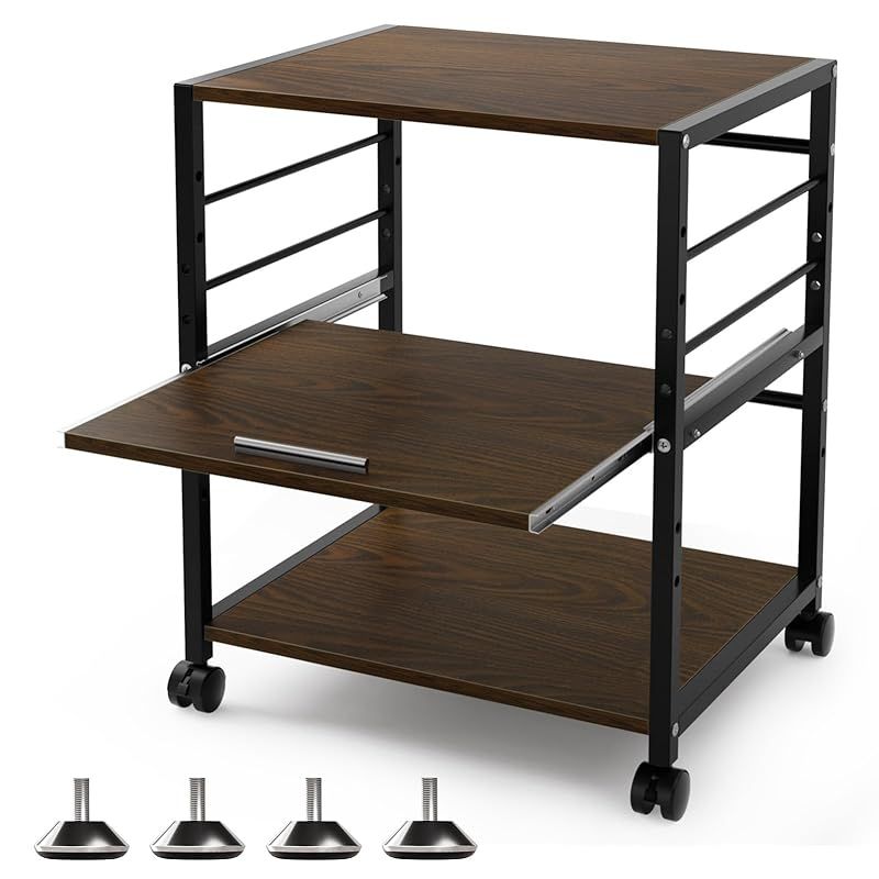 プリンター台 キャスター付き プリンターワゴン プリンターラック 木製 3段 デスクワゴン 机下収納 プリンターカート プリンター収納 サイドワゴン 中棚スライド式 棚板高さ調節 幅50×奥行40×高さ64cm ウォルナット 0