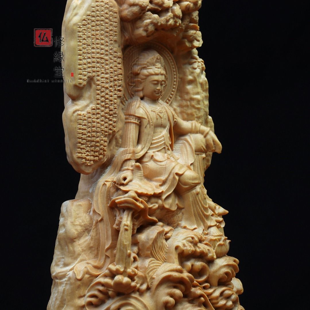 木彫り 仏像 自在観音菩薩座像 彫刻 仏教工芸 柘植材 仏師で仕上げ - 彫刻