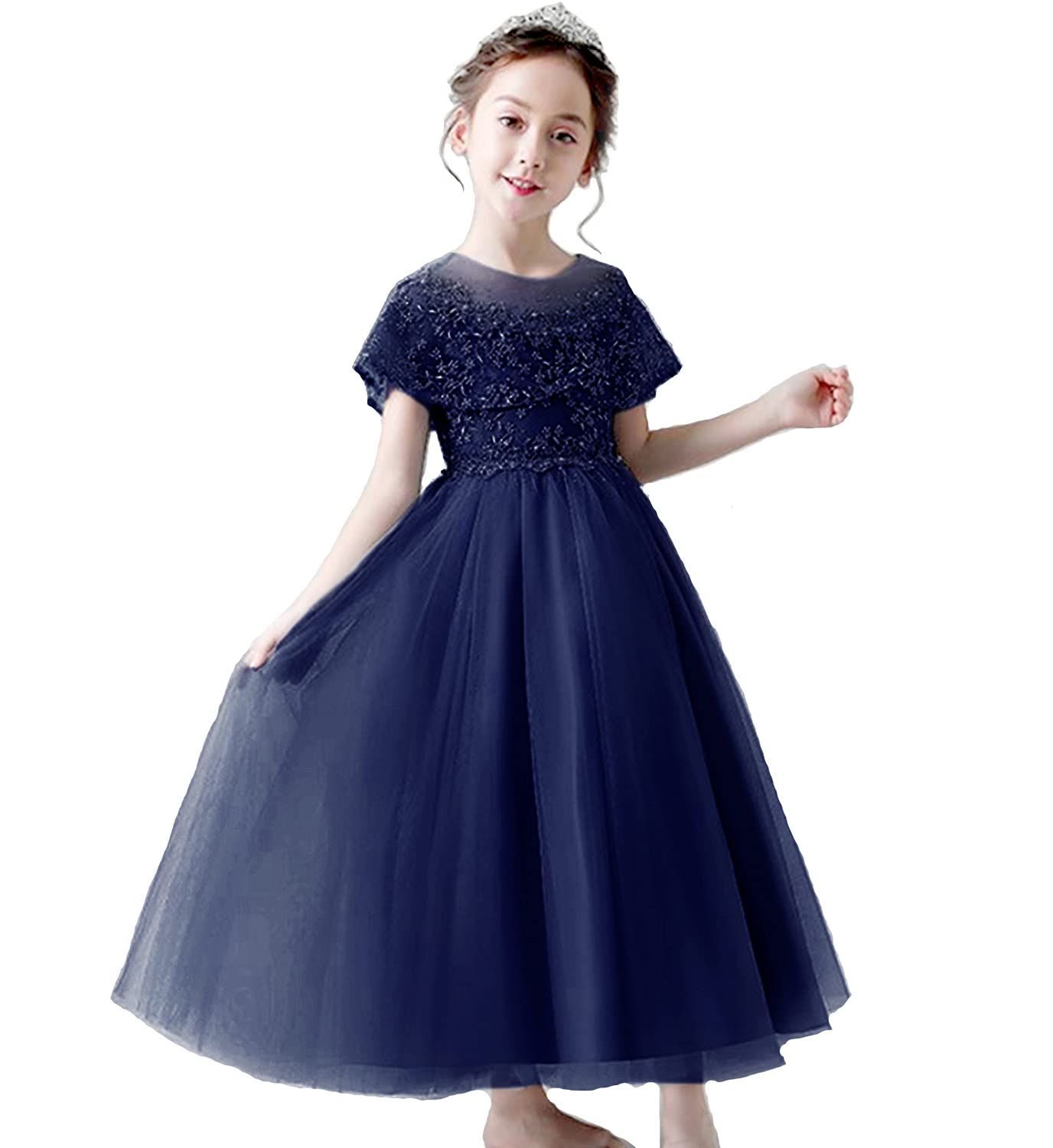150_ネイビー VIISEN 子供 ドレス キッズ ピアノ 発表会 ドレス 女の子 演奏会 ドレス ジュニアドレス フォーマル 結婚式 誕生日 花嫁介添人 パーディー 上品 刺繍 エレガント 子ども ドレス 110-170cm ネイビー 150