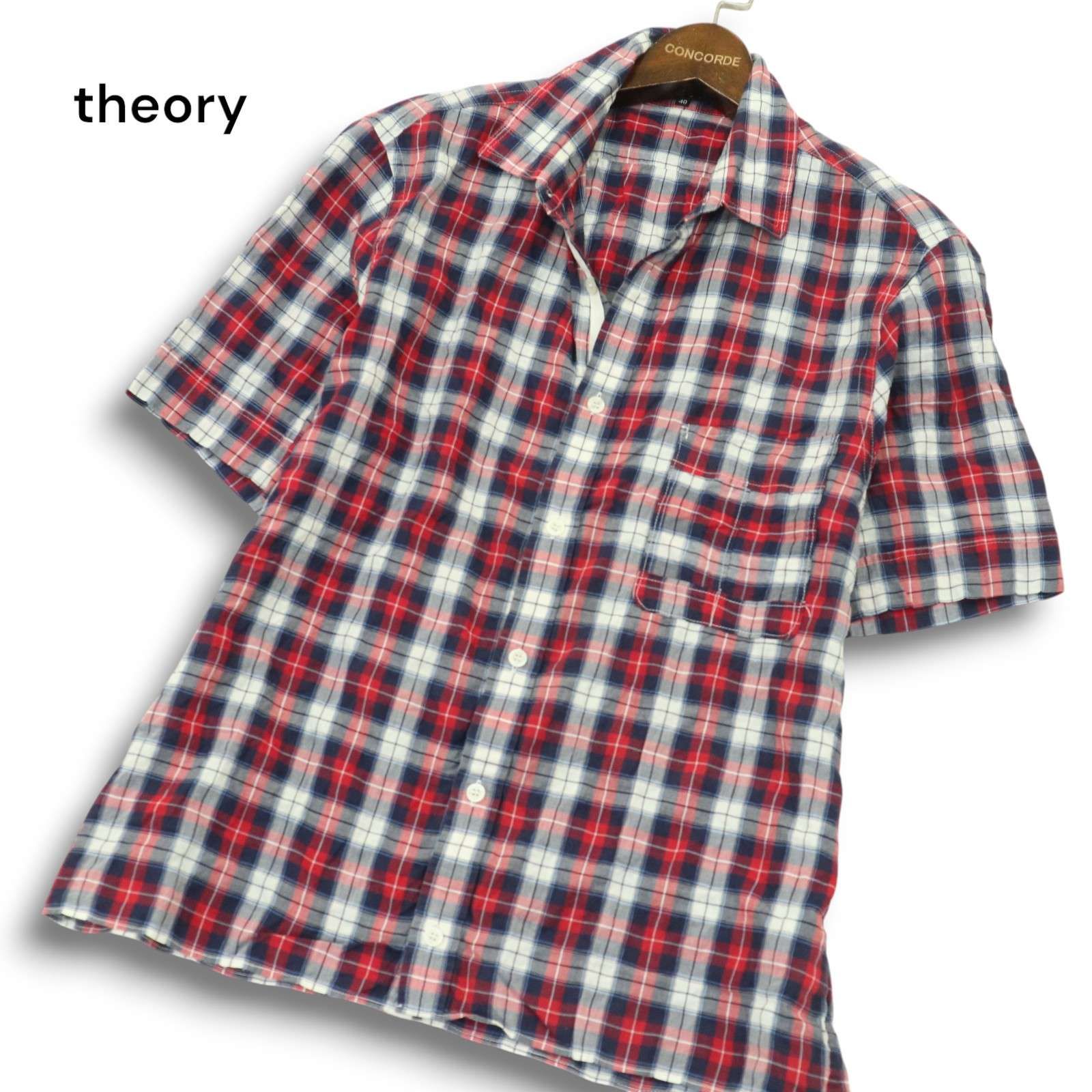 【美品】Theory 高機能シアサッカー 半袖シャツ Mサイズ theory セオリー 春夏 シアサッカー☆ 半袖 チェック シャツ Sz.40