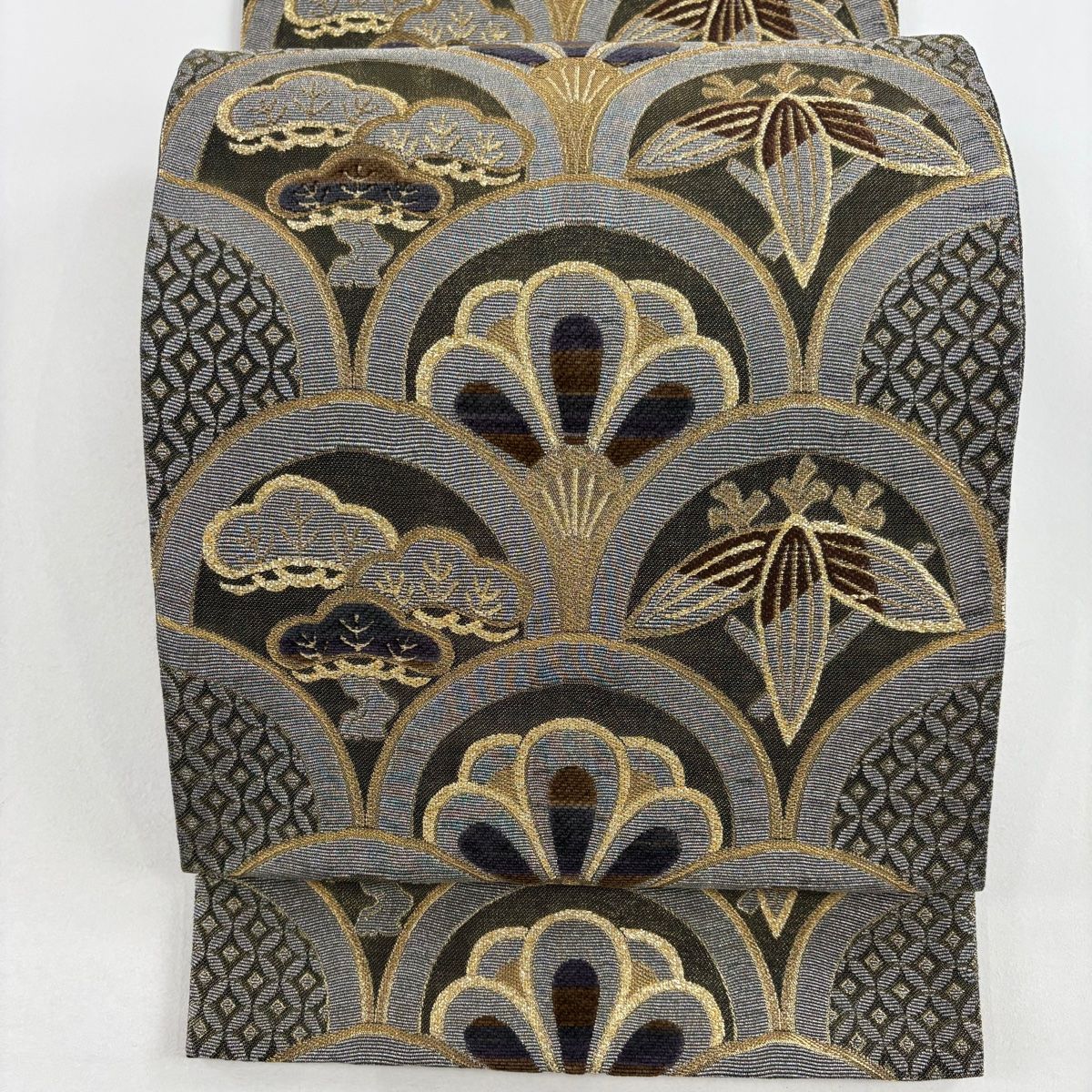 袋帯 秀品 青海波 松竹 金糸 箔 鶯色 六通 正絹