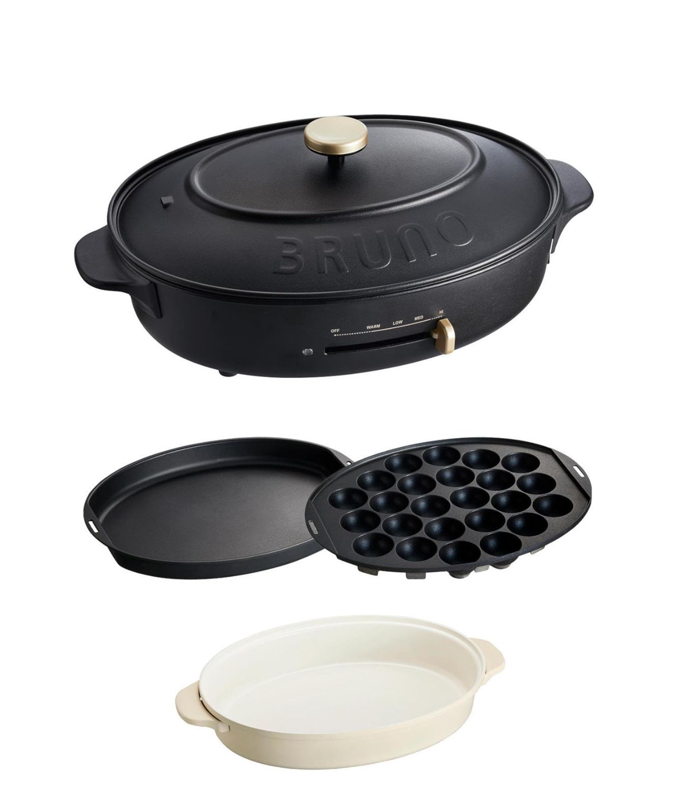 Color ブラック_PatternName プレート3種 平面 たこ焼き 深鍋 BRUNO ブルーノ オーバルホットプレート 本体 プレート3種 たこ焼き 深鍋 平面 ブラック Black 黒 おしゃれ かわいい これ1台 一台 蓋 ふた付き 1200