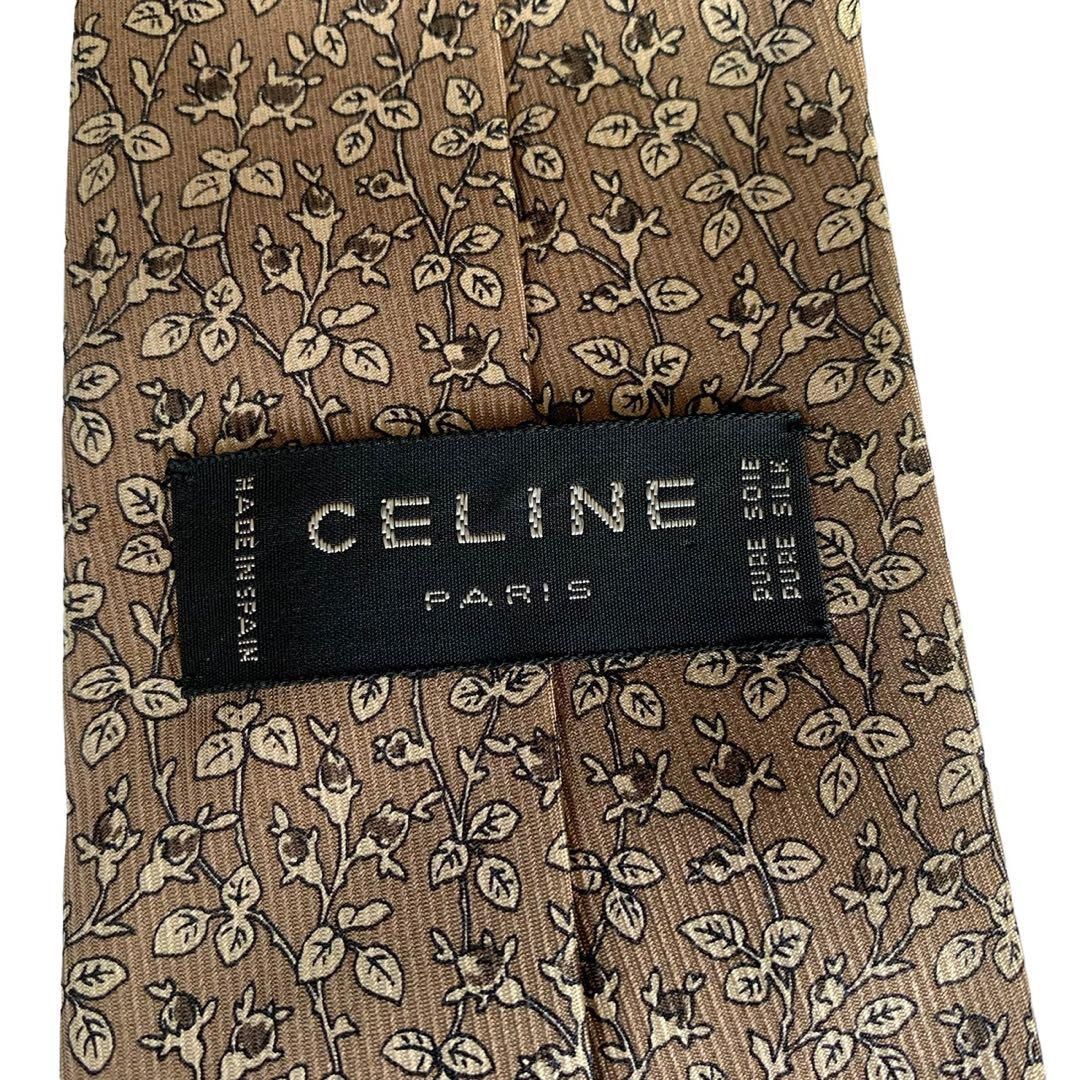 CELINE セリーヌ ネクタイ 茶色 葉 総柄 シルク スペイン製 美品 CELINE セリーヌ ネクタイ 茶色 葉 総柄 シルク スペイン製 美品