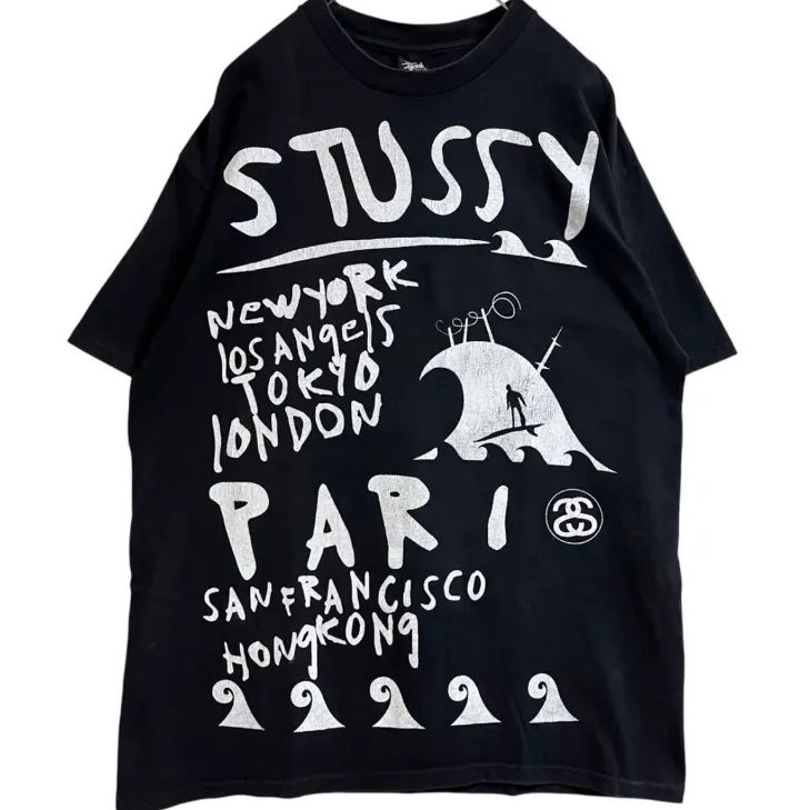 90's□old stussy【L】Tシャツ 両面プリント フェード 黒タグ