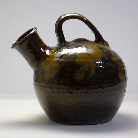 小鹿田焼 花入(溲瓶)／黒釉地黄釉流し掛け