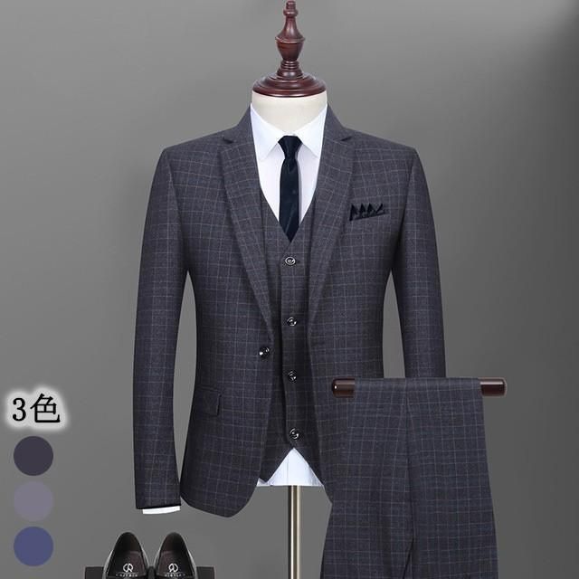 メンズスーツ 3点セット 30代 40代 50代 フォーマルスーツ チェック柄 3ピーススーツ 紳士服 春秋冬 グレー ビジネススーツ 面接 就職活動