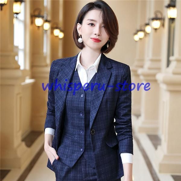 レディース パンツ スーツ ビジネススーツ 9号 濃紺 上下セット チェック スーツ パンツスーツ リクルート ビジネススーツ チェック柄 3点