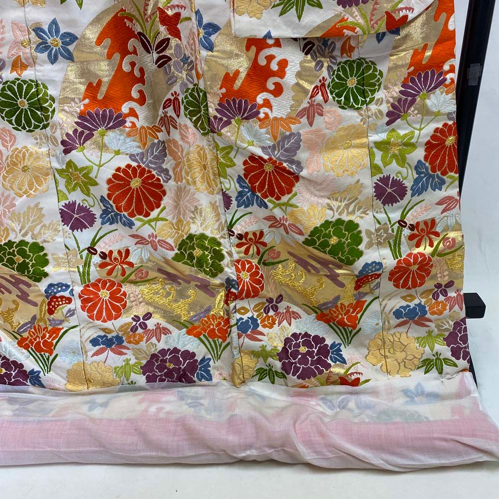 色打掛 正絹 鶴 刺繍 金 白 打掛 Mサイズ 裄66 花嫁衣裳 婚礼  