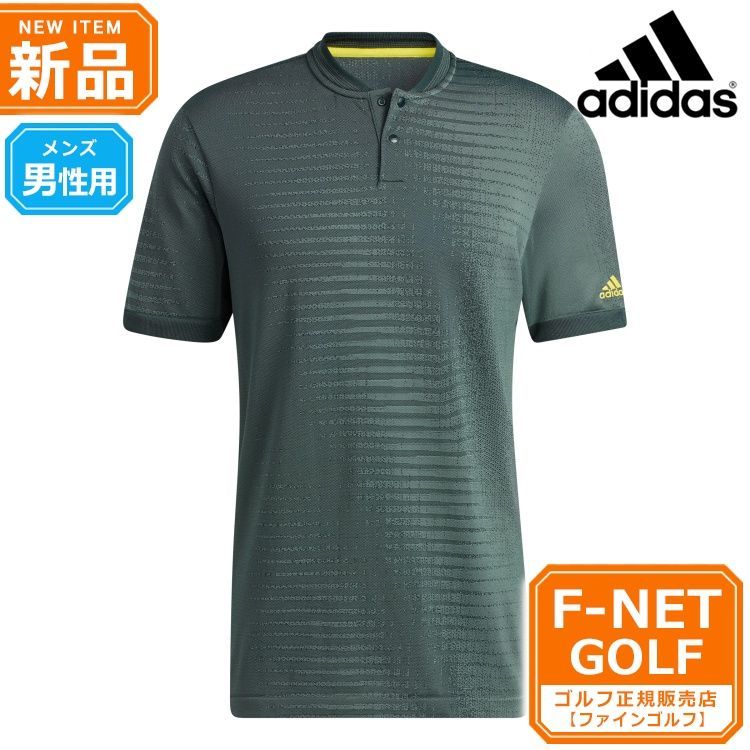 新品 【シャドーグリーン】adidas アディダス ゴルフウェア CM495 サイドシームレス 半袖 ボタン スタンドカラー シャツ ポロシャツ [吸汗速乾] （メンズ）※インターナショナルサイズ