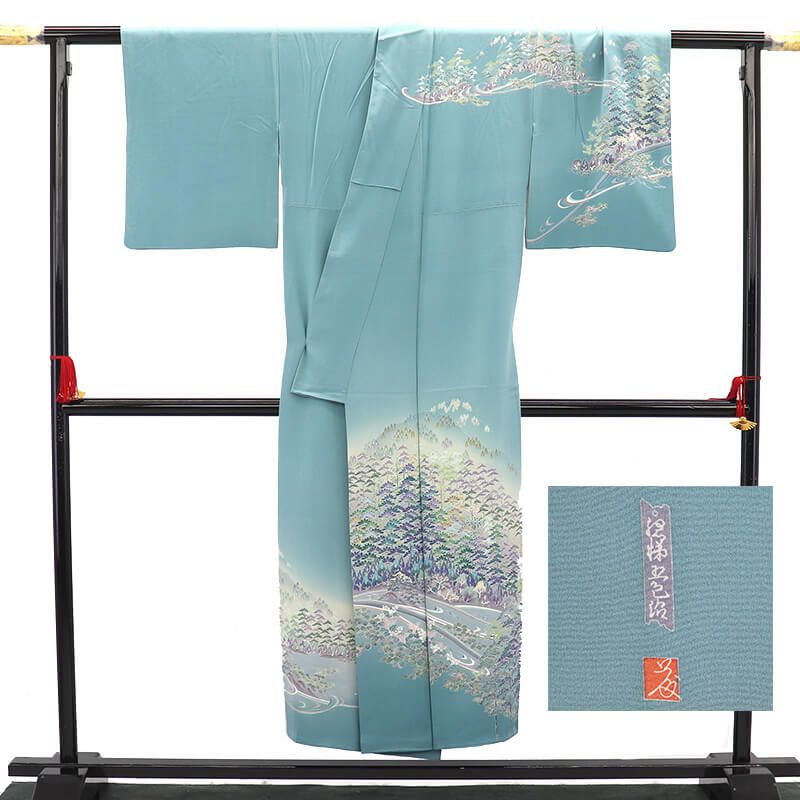 手描き友禅 訪問着 一つ紋 丸に蔦 袷 レディース 正絹 水色 落款 風景柄 身丈151cm 裄丈63cm 式典 入学式 卒業式 七五三 Sサイズ相当 小さいサイズ