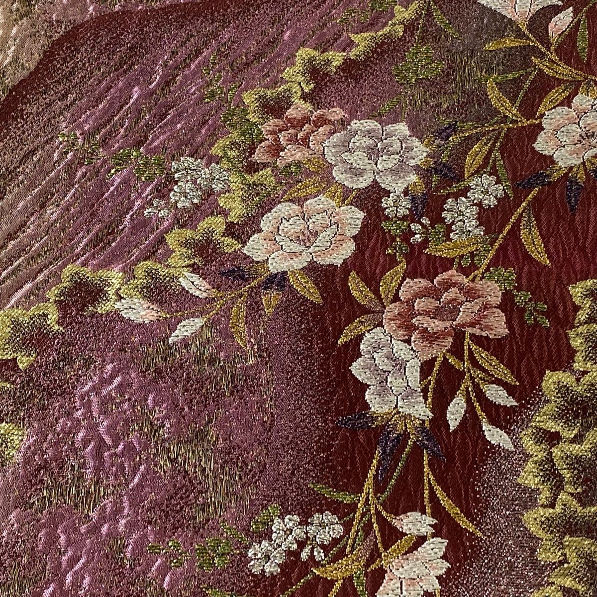 袋帯 美品 秀品 やまとや 草花 箔 金糸 赤紫 六通 正絹 【中古