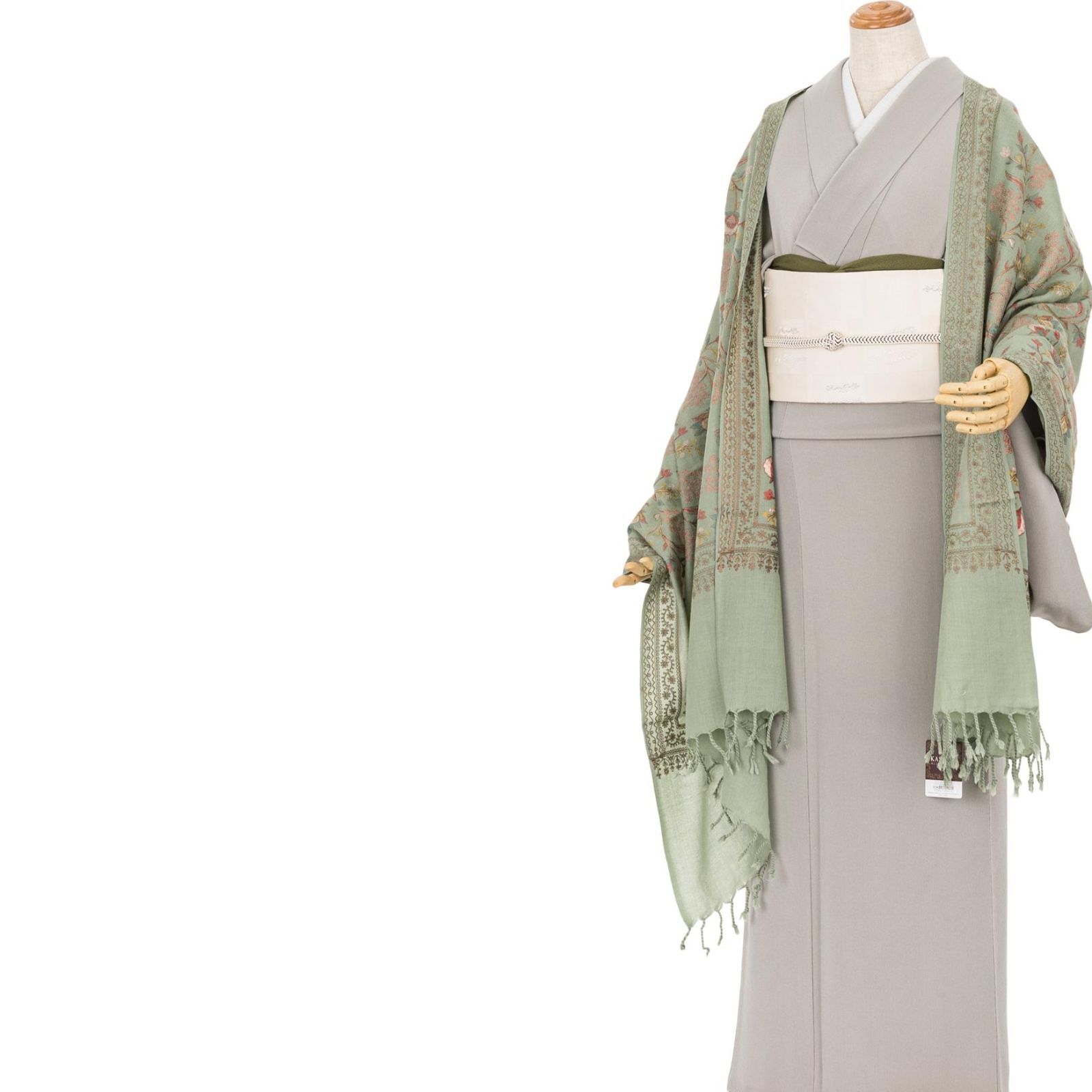 ウール100％大判ショール カシミール刺繍 薄緑