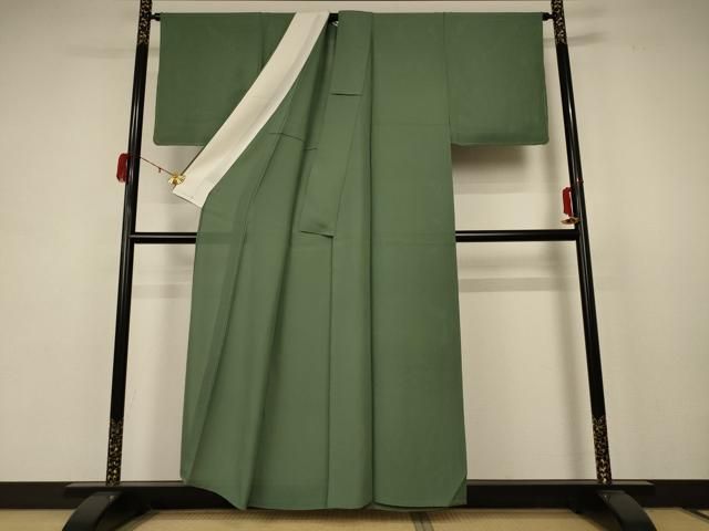 平和屋着物 夏物 色無地 縦絽 麹塵色 反端付き 正絹 AABB8297jd