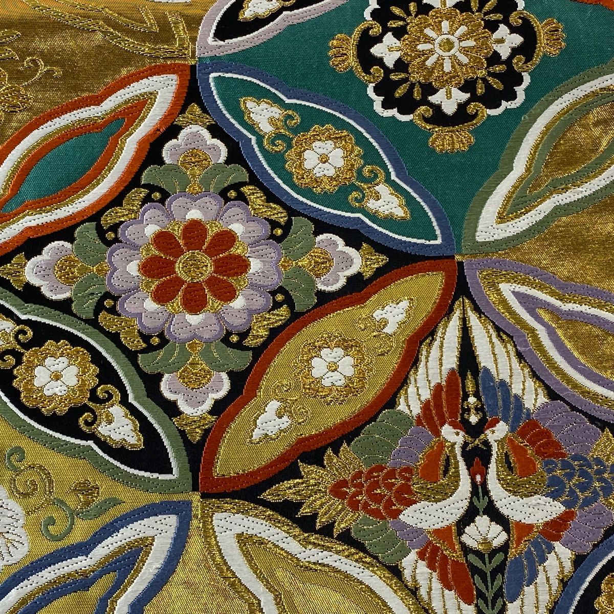 袋帯 美品 名品 七宝 花菱 金糸 刺繍 茶色 六通 正絹 【中古】