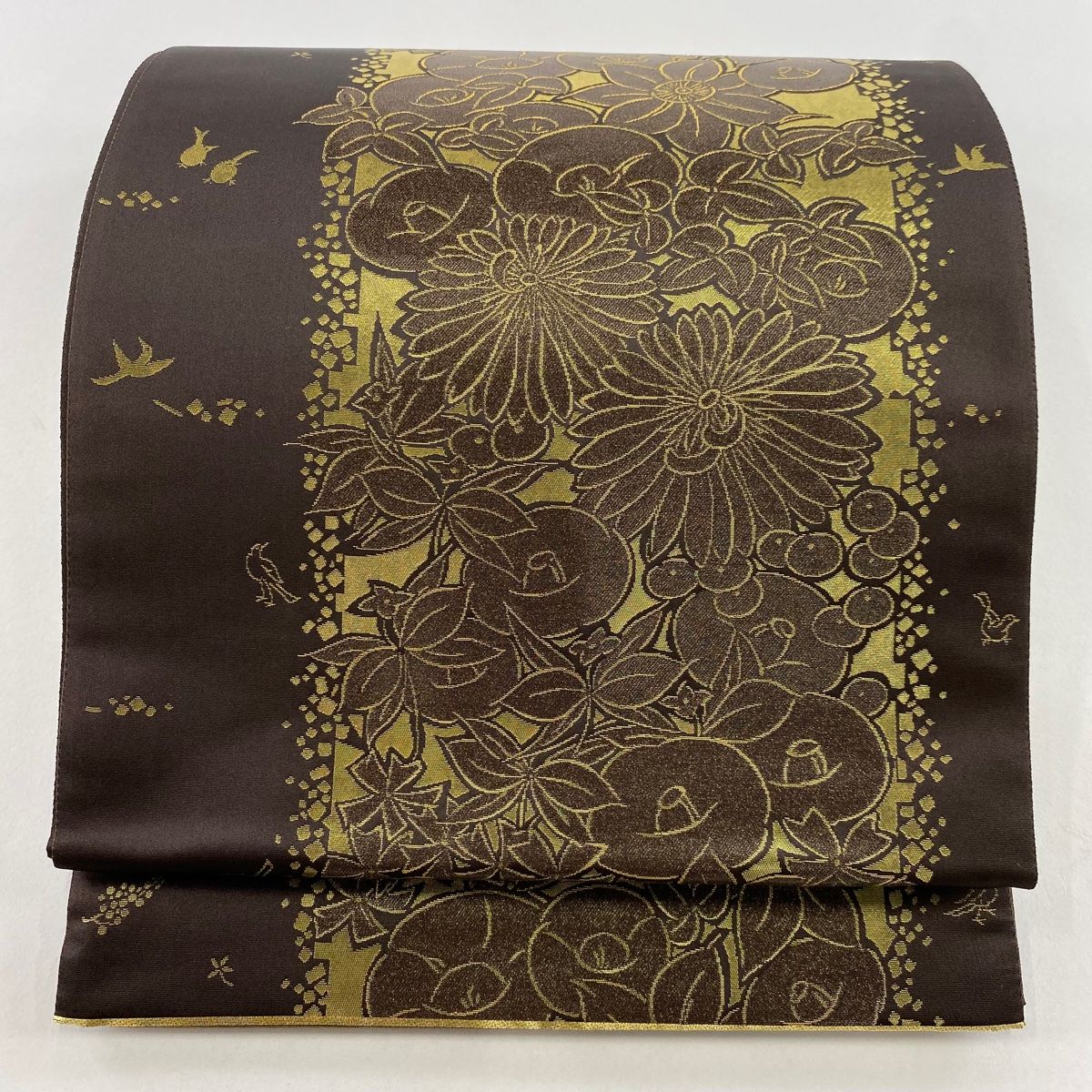 袋帯 秀品 関西仕立て 草花 花唐草 灰緑 六通 正絹 【中古】 袋帯 秀