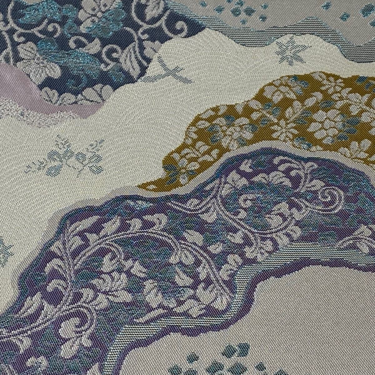 袋帯 美品 名品 道長取り 花唐草 銀糸 ラメ箔 青灰色 六通 正絹 【中古 