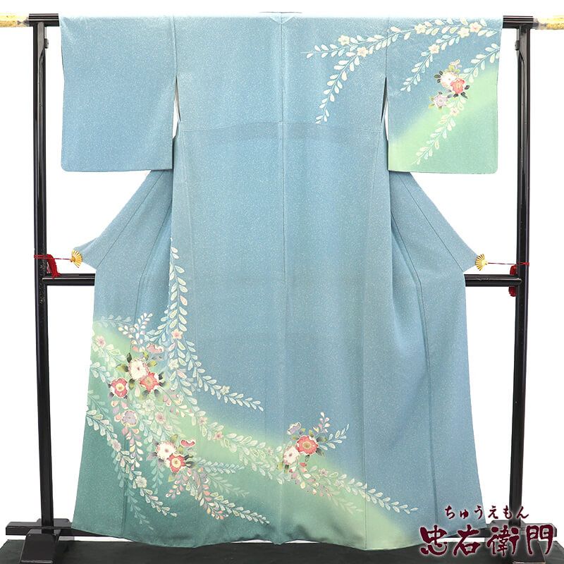 訪問着 袷 レディース 正絹 水色 辻が花 身丈162.5cm 裄丈66cm パーティ 会食 M～Lサイズ相当 リサイクル着物 リユース着物 着物 送料無料 即日発送
