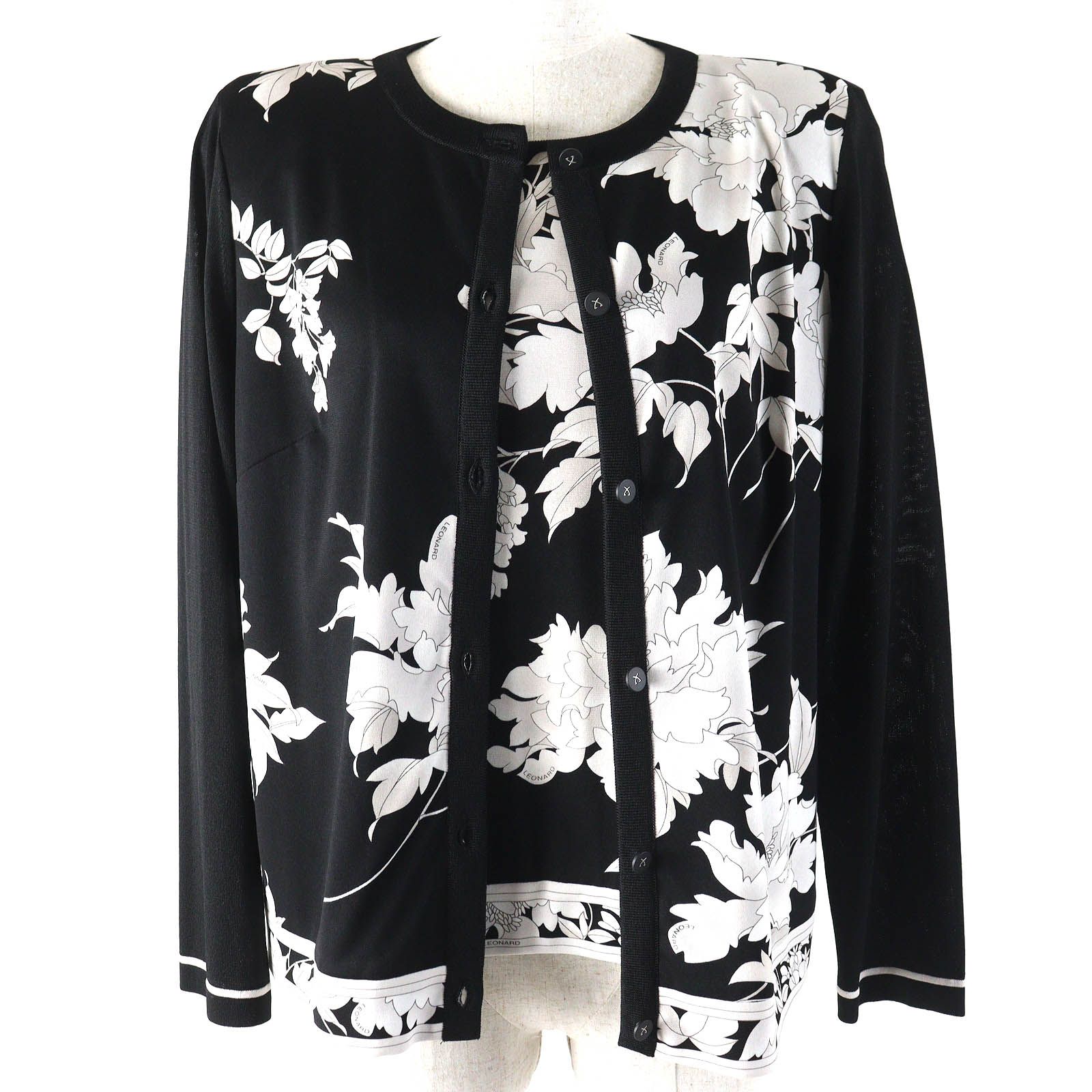 △LEONARD FASHION レオナール ファッション 花柄 カーディガン 半袖カットソー アンサンブル ブラック ライトグレー系 L|LL レディース