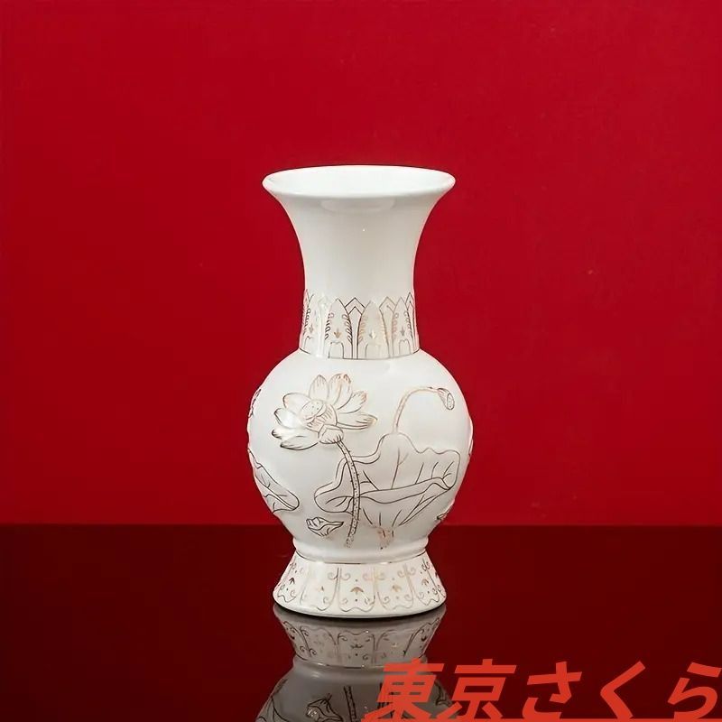 新品花瓶 花 レリーフ フラワーベース 蓮 ゴールド 金 白