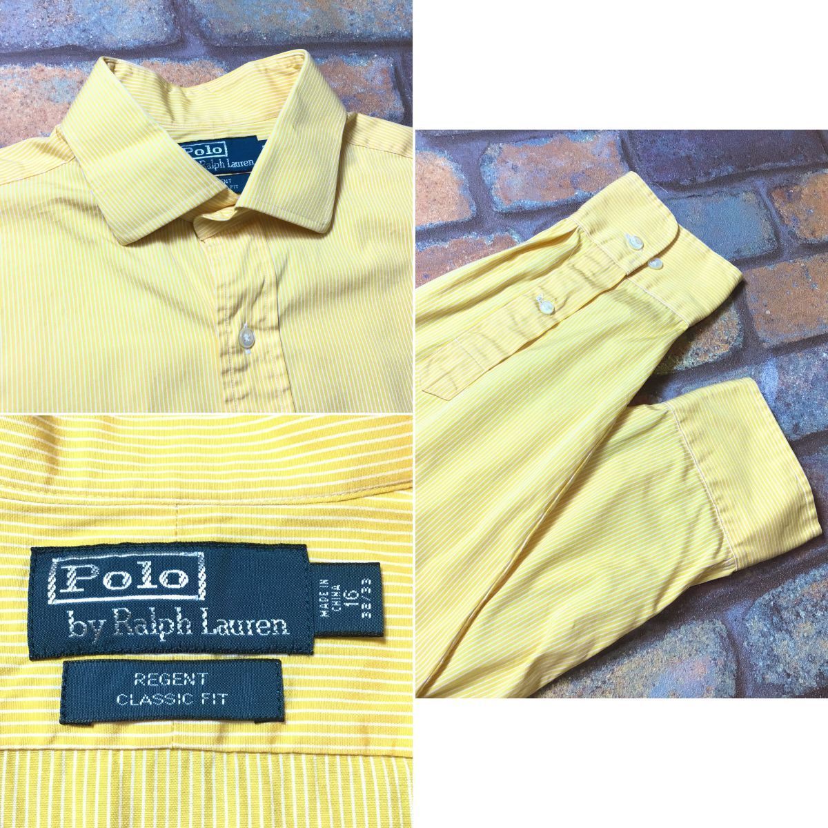 ME9-493★90s 旧タグ★良色★US古着【Polo by Ralph Lauren ポロラルフローレン】コットン100%  ピンストライプBDシャツ【メンズ L】黄長袖