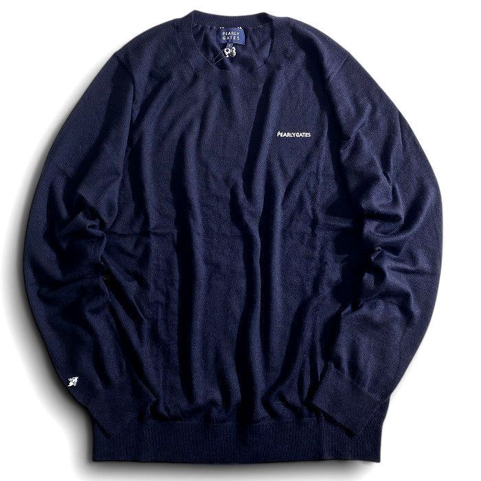 PEARLY GATES パーリーゲイツ ゴルフ ESSENTIAL SERIES ピュアカシミヤ フライングラビット刺繍 薄手 丸首 長袖 ニット セーター ゴルフウェア 053-2970051 定価4.1万 ダークネイビー ▲046 50212w01