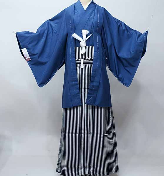 羽織 袴セット 紋付 青色 袷 男性用 S|M|L|LL|3Lサイズ 半襦袢 角帯 羽織紐付き 紋入れ可 NO37397-03