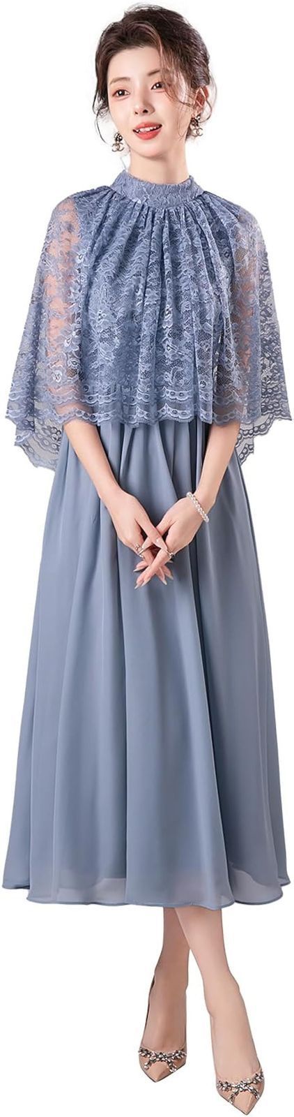新品DEEPEYES 結婚式ドレス ケープ付き ロング レース お呼ばれ 袖あり ミモレ丈 体型カバー Aライン フォーマル(ブルーグレー S)