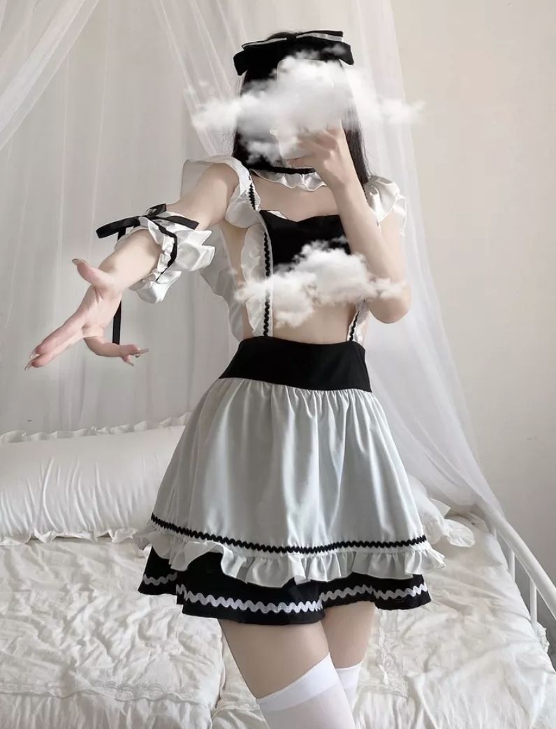 メイド服 コスプレ ワンピース 白黒 ゴスロリ ロリータ ６点セット XL