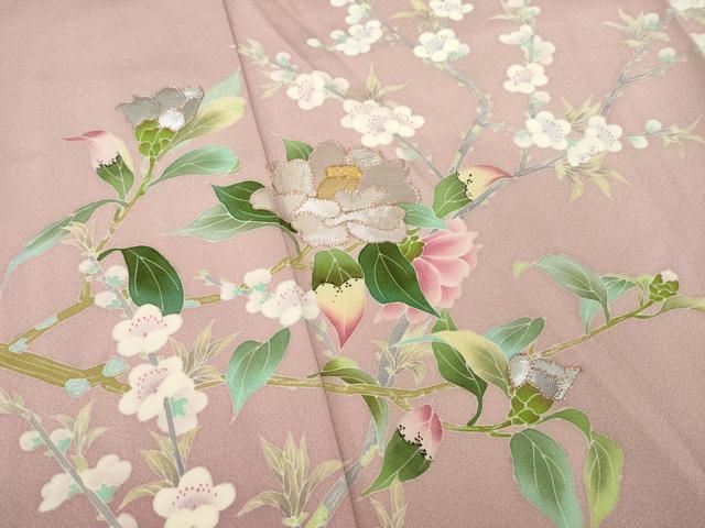 平和屋着物●佐賀錦　訪問着　友禅　枝花文　浜ちりめん　反端付き　正絹　逸品　AABB4457ck 平和屋着物○佐賀錦 訪問着 友禅 枝花文 浜ちりめん 反端