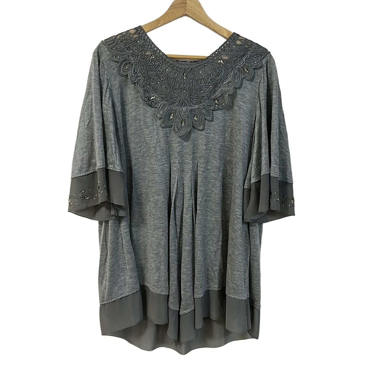 伊太利屋|GKITALIYA イタリヤ チュニック サイズ13 L レディース - グレー×ダークグレー 七分袖|ビジュー|ラインストーン|レース