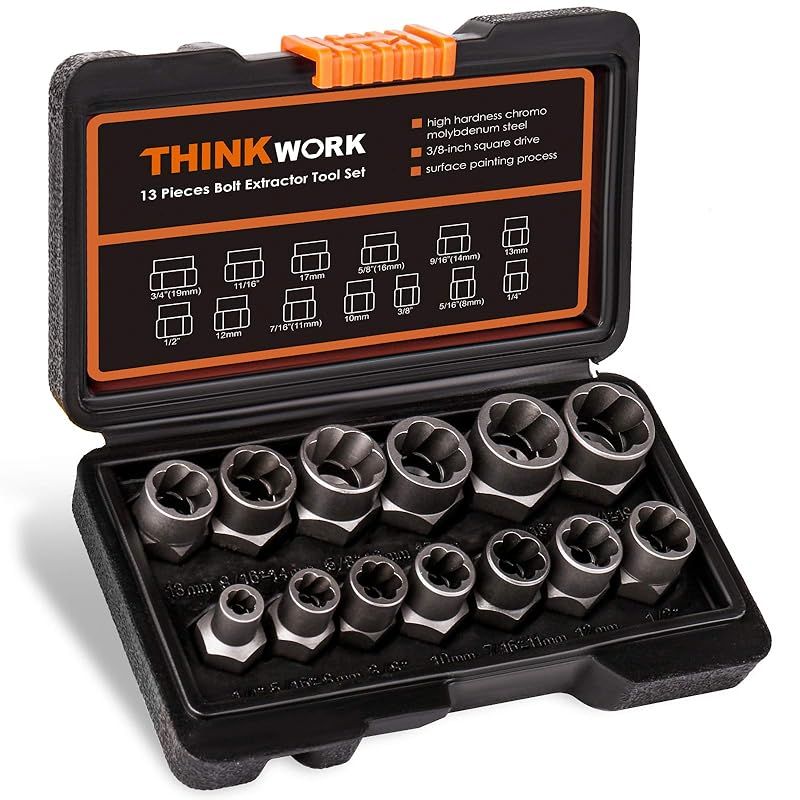 THINKWORKインパクトボルト＆ナットリムーバーセット、13 + 1ピースボルトエクストラクターツールセット、ストリップラグナットリムーバー、損傷、凍結、錆びた、丸みを帯びたボルト、ナッ
