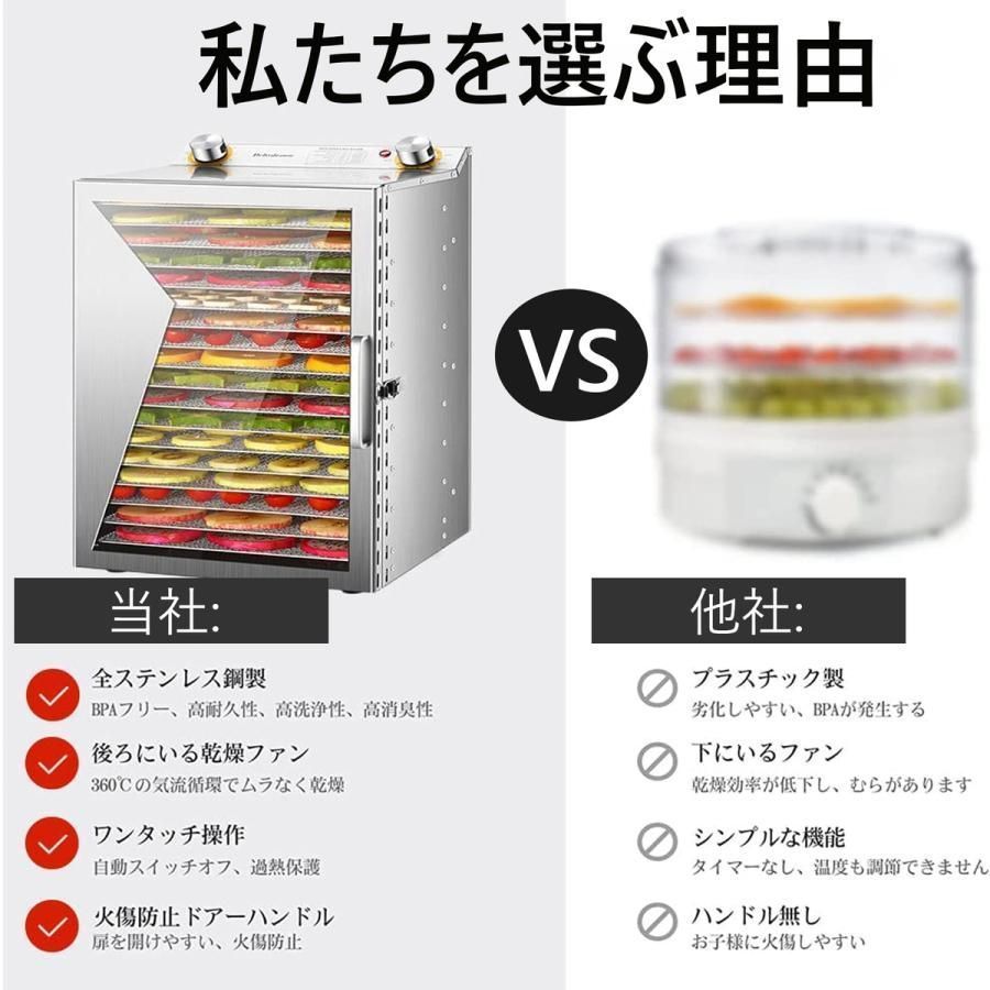 フードドライヤー 食品乾燥機 8層 大容量 電気食品脱水機 フードドライヤー ドライフルーツメーカー ステンレス鋼 温度調節30℃～90℃ 0～12時間自由調節 360°熱風循環加熱 タイマー付き 家庭用 業務用