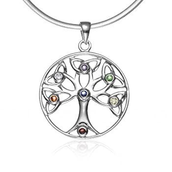 925 Sterling Silver Celtic Knot Trinty Tree of Life Seven (7) Chakras Pendant Necklace 46cm