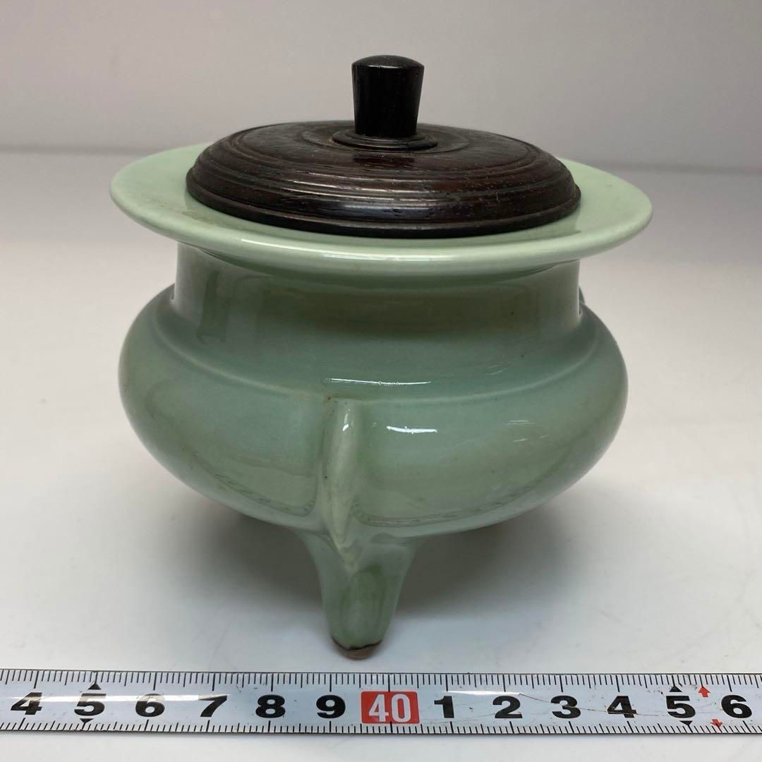 平安陽山造 名工 青磁袴腰三足香炉 タサチ 東さ6-0618
