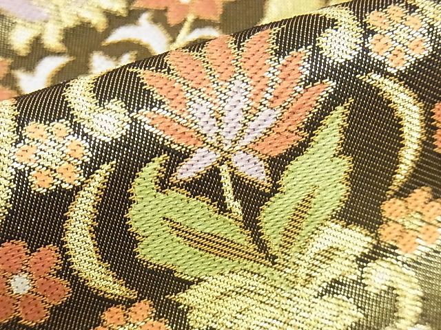 平和屋本店□極上 西陣 川島織物 六通柄 本袋帯 洋花文 黒地 金糸 正絹  