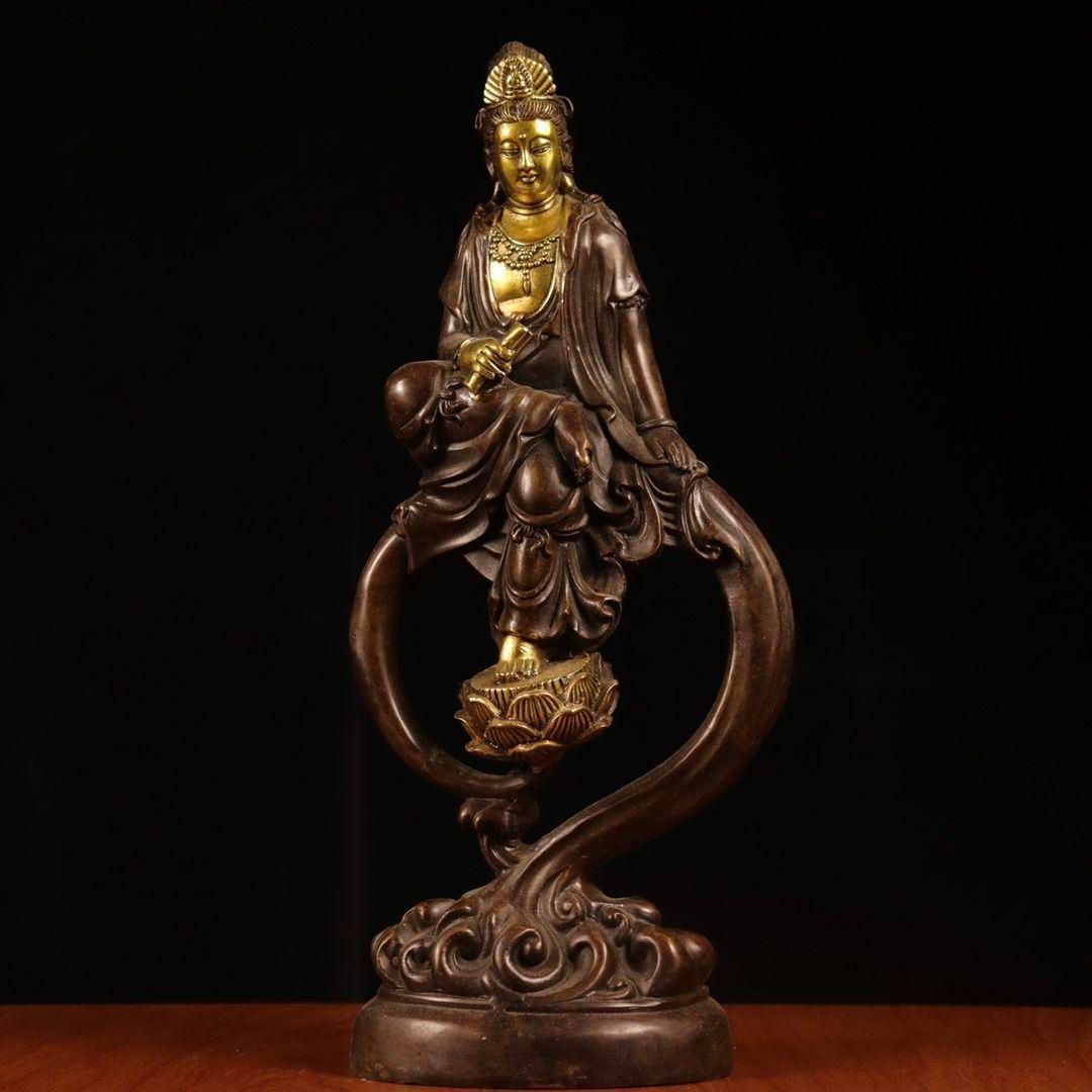 自在観音 置物 銅器 観音菩薩仏像 書道具 文房具装飾品 工芸品 美術品