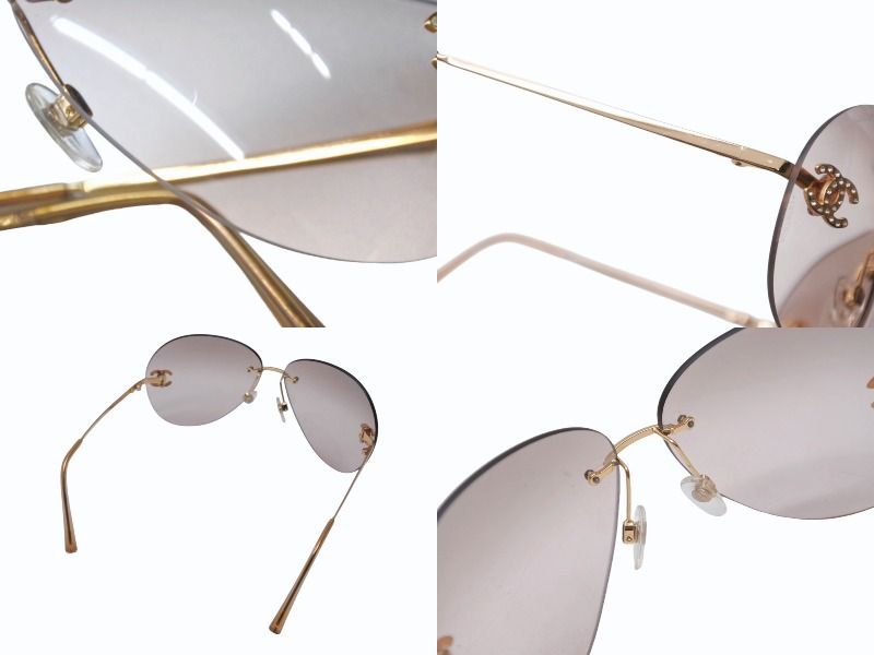 極美品 CHANEL シャネル リムレス ココマーク サングラス メガネ 4108-B GP ラインストーン ブラウン ゴールド金具 中古 4b006473 極美品 CHANEL シャネル リムレス ココマーク サングラス メガネ 4108